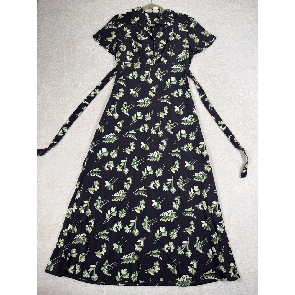 N.O.E. Floral Maxi Dress Women Small‎ Navy Blue Vintage 90s Leaf Print Tie Back